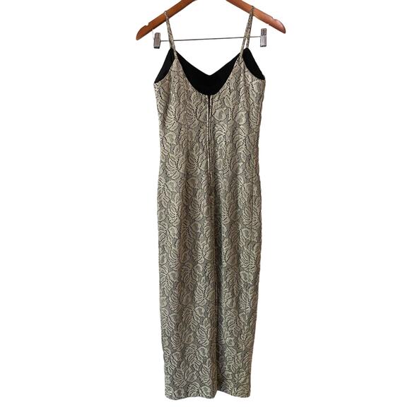 Vintage Formal Midi Dress US 7/8 Floral Silver Beige Bodycon Gown Classic Glam - Picture 3 of 10